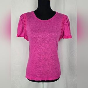 J. Crew Lace Trim Flutter Sleeve Pink Linen Top sz XS Barbiecore Feminine
